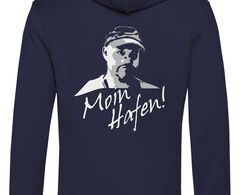 Odo-Hoodie mit Lederpatch, Rückseite "Moin Hafen", navy