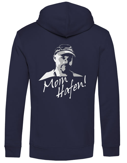 Odo-Hoodie mit Lederpatch, Rückseite "Moin Hafen", navy
